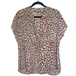 Marled Essentials Tan Pink & Brown Animal
Print Split Neck Top (M)